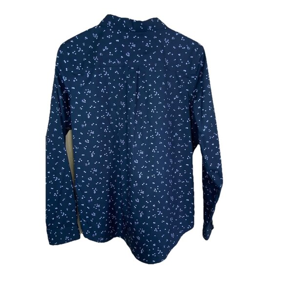 L.L. Bean Womens L Navy Blue Print Long Sleeve Button Up Blouse Wrinkle Free - Picture 2 of 6